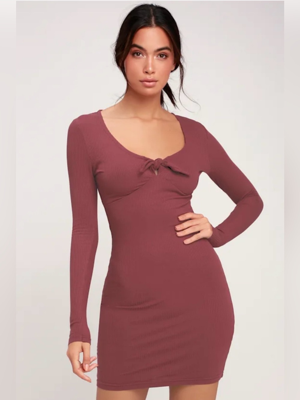 New RVCA “Knot Up” Ribbed Tie-Front long sleeve Bodycon Dress in Wine S